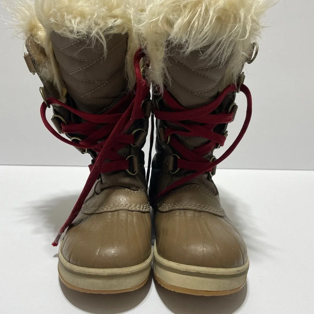 Sorel Tofino II Waterproof Winter Boots Tan Brown Red Laces Faux Fur Sz 1